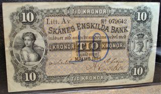 1894 Sweden Skanes Enskilda Bank 10 Kronor Bank Note 5