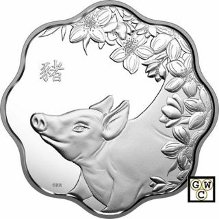 2019 - Lunar Lotus - Year Of The Pig - $15 Pure Silver Proof Coin - Canada