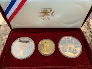1984 La Olympics “gold And Silver” 3 Coin Proof Set (w/ $10 Gold) Commemorative