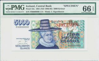 Central Bank Iceland 5000 Kronur 1961 Specimen Pmg 66epq