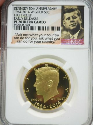 1964 - 2014 W Kennedy High Relief Gold 50c Ngc Early Releases Pf70 Ultra Cameo