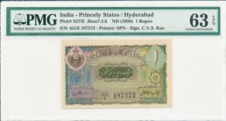 Hyderabad India - Princely States 1 Rupee Nd (1950) S/no Xx7272 Pmg 63epq