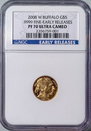 2008 - W Buffalo G$5 1/10.  9999 Fine Gold Early Release Ngc Pf - 70 Ultra Cameo