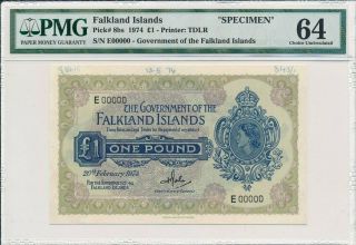 Government Of The Falkland Islands 1 Pound 1974 Specimen Pmg 64
