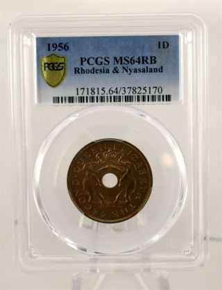 1956 Rhodesia & Nyasaland One Penny Coin Pcgs Ms64rb