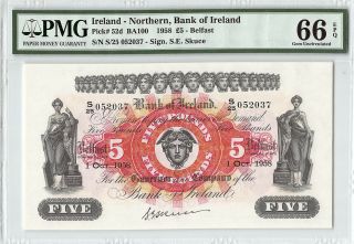 Northern Ireland,  Bank Of Ireland 1958 P - 52d Pmg Gem Unc 66 Epq 5 Pounds