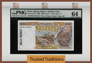 Tt Pk 311cj 1999 West African States Burkina Faso 1000 Francs Pmg 64 Choice Unc