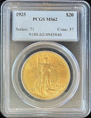 1925 $20 American Gold Eagle Saint Gaudens Ms62 Pcgs Rarer Date Coin