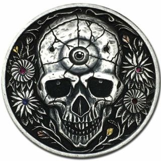 Hobo Nickel Coin 1936 Five Mark Silver " Skull & Flowers " Hand Engraved Stephenxu