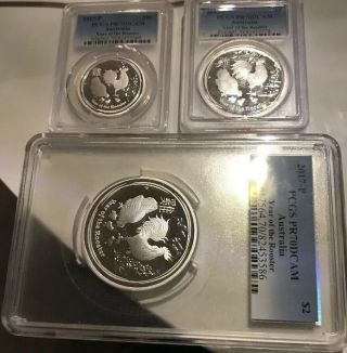 2017 Australia Proof Rooster Silver 3 - Coin Set Lunar Pcgs Prdcam 70 Pop Of 7