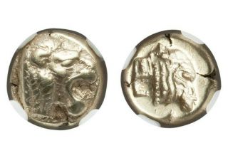 Lesbos,  Mytilene Lion Head Hecte Ngc Choice Xf 5/4 Ancient Gold Coin