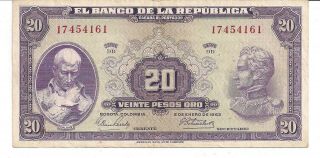 Colombia 20 Pesos 2 De Enero 1963 Serie Dd Vf