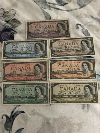 1954 Canadian Bills $100,  50,  20,  10,  5,  2,  1