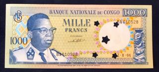 Congo Dr 1000 Francs 1964.  08.  01.  J.  Kasavubu - P8 - Star Holes Punched - Unc