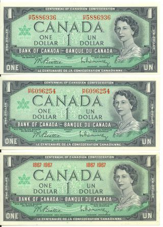 Centennial Of Canadian Confederation 1867 - 1967 $1 One Dollar 3 Notes Ef Au