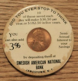 1910 Encased Lincoln Penny Pocket Mirror.  Advertising Swedish Bank Jamestown N.  Y