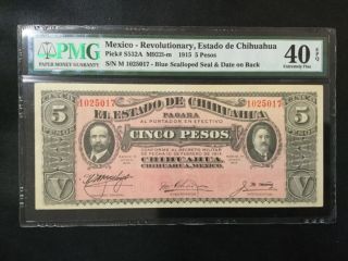 1915 Mexico - Chihuahua 5 Pesos Pmg Ef40epq Banknote