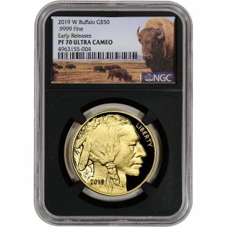 2019 - W American Gold Buffalo Proof 1 Oz $50 Ngc Pf70 Early Releases Bison Black