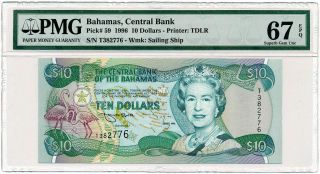 Bahamas - 10 Dollars 1996 P59 Queen Elizabeth Pmg Gem Unc 67 Epq