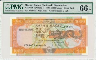Banco Nacional Ultramarino Macau 1000 Patacas 1999 Pmg 66epq