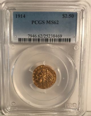 1914 $2.  50 Indian Head Quarter Eagle Gold Coin - Pcgs Ms62