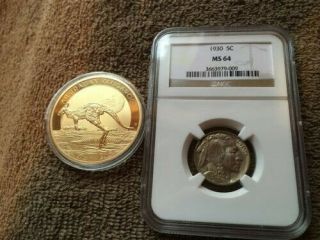2015 One Oz.  999 Fine Gold Kangaroo And 1930 Ngc Ms 64 Buffalo Nickel