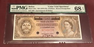 Government Of Belize 2 Dollars 1974 Pick 34 Color Trial Specimen Pmg Gem Unc 68