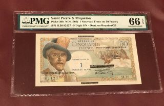 French Saint Pierre & Miquelon 50 Franc Overprit 1 Fran P 30b Pmg 66 Gem Unc