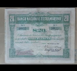 1910 Timor 20 Patacas By Banco Nacional Ultramarino