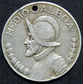 1934 Panama 1/2 Balboa Silver Coin - Holed & Bent