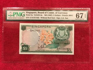 Singapore Banknote Pick 2a 5 Dollar (1967) Without Red Seal Pmg 67epq