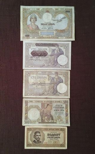 Serbia 1000 Dinara 1931,  500 & 100 Dinara 1941,  50 Dinara 1942 &100 Dinara 1929