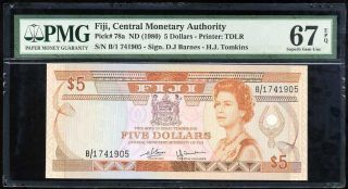 Fiji 5 Dollar Nd 1980 P 78 Qe Ii Gem Unc Pmg 67 Epq Nr