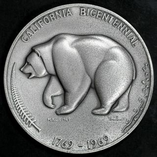 1969 Official California Bicentennial Silver Medal 3.  6 Oz.  999 Fine Silver