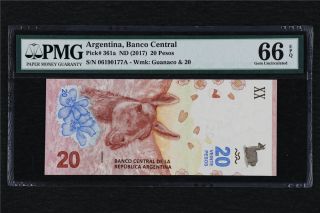 2017 Argentina Banco Central 20 Pesos Pick 361a Pmg 66 Epq Gem Unc