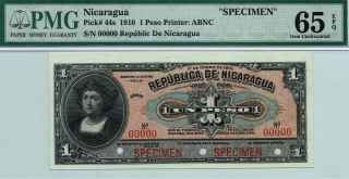 1910 Republica De Nicaragua 1peso.  Pmg 65 Epq Gem Uncirculated.  P 44 Specimen.