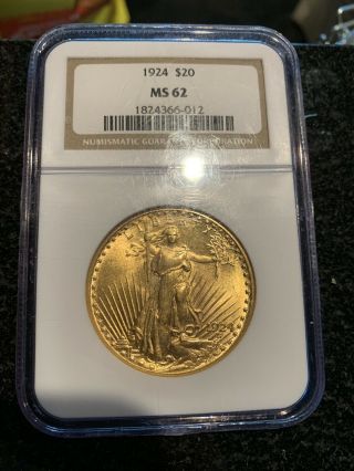 1924 $20 Gold Double Eagle Saint Gaudens Coin Ngc Ms - 62