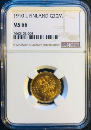 Finland 1910 - L 20 Markka Gold Coin Ngc Ms 66 Km 9.  2