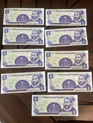 9 Paper Bills Currency 1 One Banco Central De Nicaragua Un Centavo De Cordoba