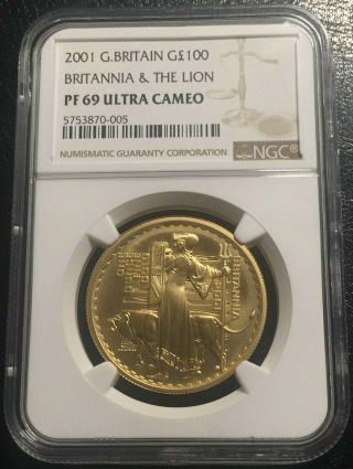 Great Britain £100 Gold 1oz 2001 Ngc Pf69uc Britannia And Lion