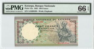 Katanga 1962 P - 12a Pmg Gem Unc 66 Epq 100 Francs Aa Prefix,  Low S/n 480