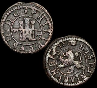 Authentic Medieval Copper Coin 1601 Ad.  Spain.  King Philip Iii,  2 Maravedis,