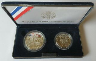 World War 2 50th Anniversary 2 Coin Proof Set In Omp W/coa 90 Silver Dollar