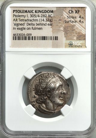 Ptolemy I Signed Δ Delta / Egypt Ancient Greek Silver Tetradrachm Ngc Ch Xf 4,  4