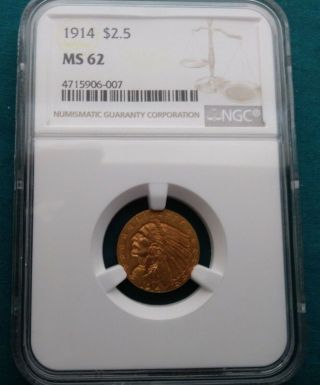 1914 $2.  5 Gold Indian Head Quarter Eagle Ngc Ms62 990