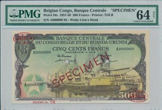 Banque Centrale Belgian Congo 500 Francs 1957 Specimen Pmg 64net
