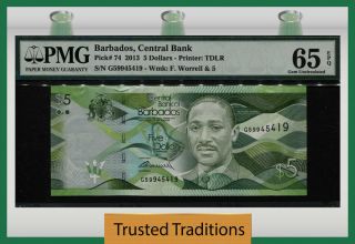 Tt Pk 74 2013 Barbados Central Bank 5 Dollars Pmg 65 Epq Gem Uncirculated
