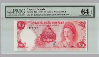 Cayman Islands 10 Dollars (nd 1972) P - 3 Pmg 64 Epq Choice Unc