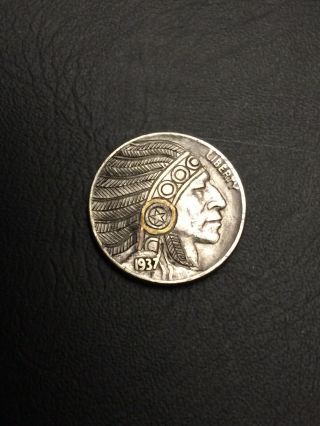 Hobo Nickel Hand Carved Engraved Ohns Native American Chief Gold Copper Inlay