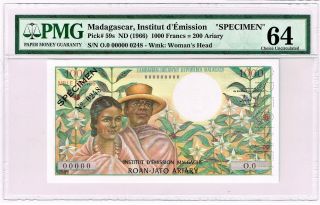 Madagascar: 1000 Francs = 200 Ariary (1966) Pick 59s Specimen Pmg Choice Unc.  64
